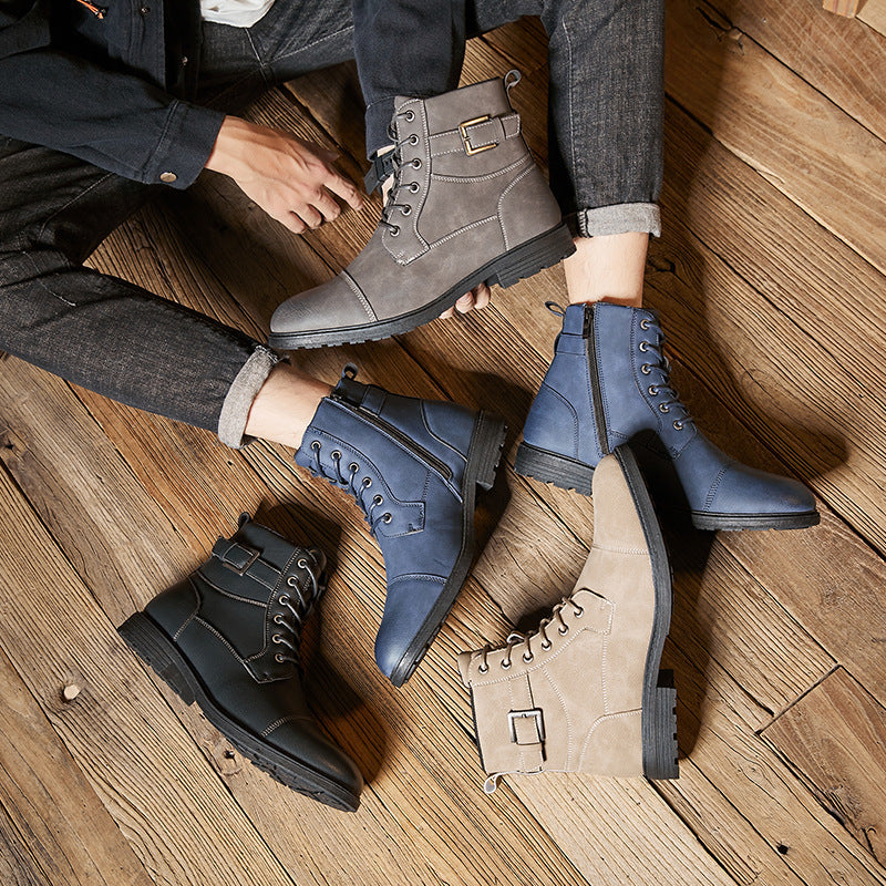 2024 New British Style Men's Fall Winter Work Boots Anti-slip Retro Laced High-top Round Toe Leather Boots with Side Zipper HK47