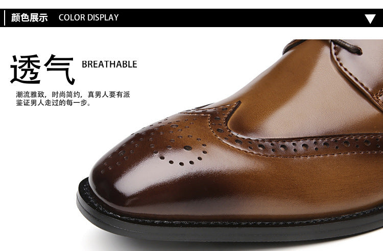 2024 New Carved Brogue British Genuine Leather Business Formal Shoes Men's Laced Derby Pointed Toe Youth HK81