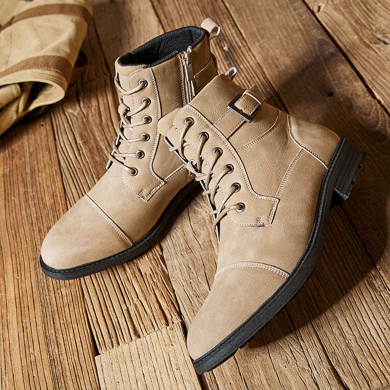 2024 New British Style Men's Fall Winter Work Boots Anti-slip Retro Laced High-top Round Toe Leather Boots with Side Zipper HK95