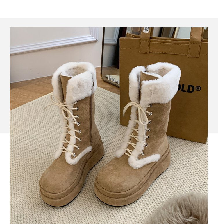 Mid-calf Thick Soles Snow Boots for Women 2024 New Internet-famous Stylish Martin Strap Fur Boots Fleece-lined Thick Cotton Shoes HK41