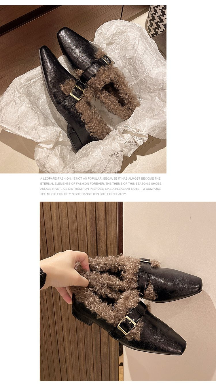 Fleece-lined Warm Square Toe Soft Leather Comfortable Soft Soles Fur Single Shoes Women's 2024 Winter New Versatile HK32