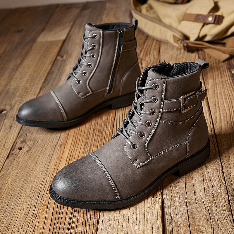 2024 New British Style Men's Fall Winter Work Boots Anti-slip Retro Laced High-top Round Toe Leather Boots with Side Zipper HK95