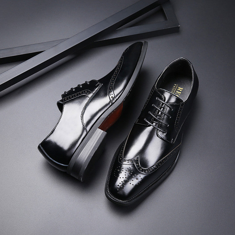 2024 New Carved Brogue British Genuine Leather Business Formal Shoes Men's Laced Derby Pointed Toe Youth HK50