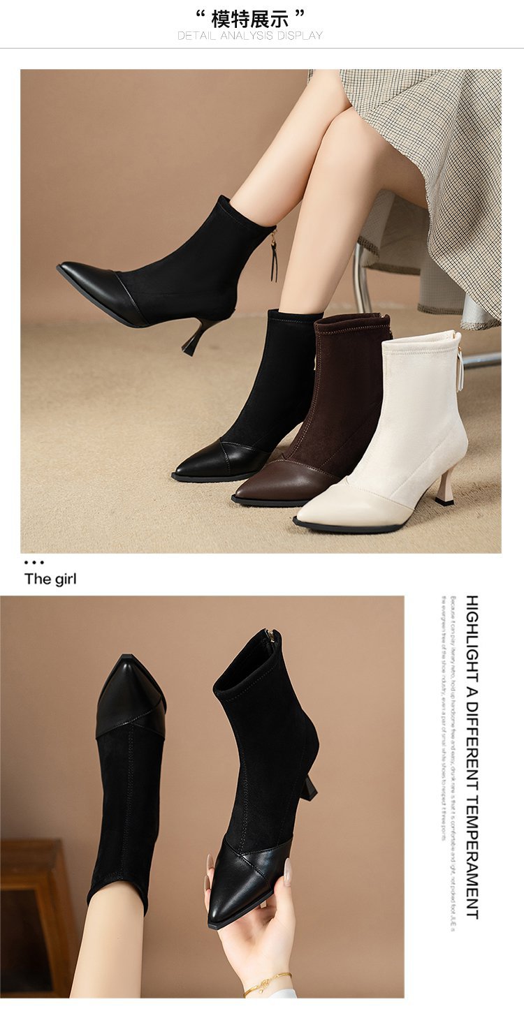 Pointed Toe Stylish Women's 2024 Fall Winter High Heel Slim Boots with Rear Zipper Elastic Good - looking for Various Sizes Elegant HK39