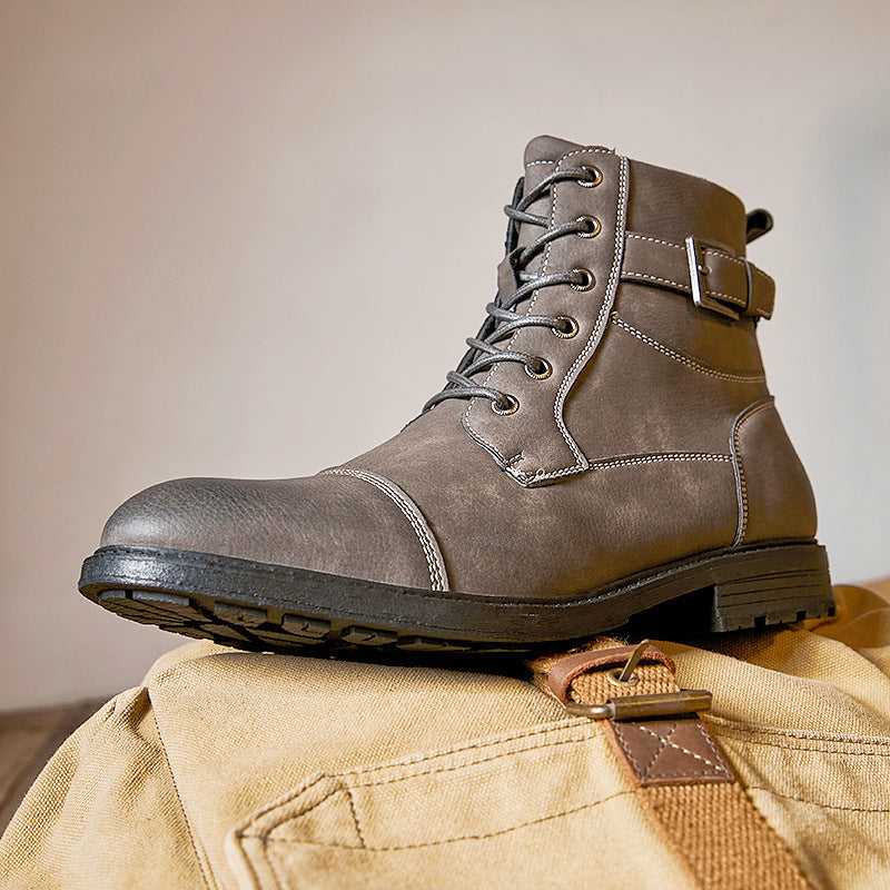 2024 New British Style Men's Fall Winter Work Boots Anti-slip Retro Laced High-top Round Toe Leather Boots with Side Zipper HK47