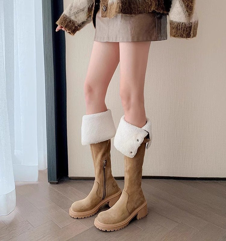 Internet-famous Trendy Women's Over-the-knee 2024 Winter New Lamb Fur Long Tube Boots Slim High Tube Fleece-lined Slim Knight Boots HK34