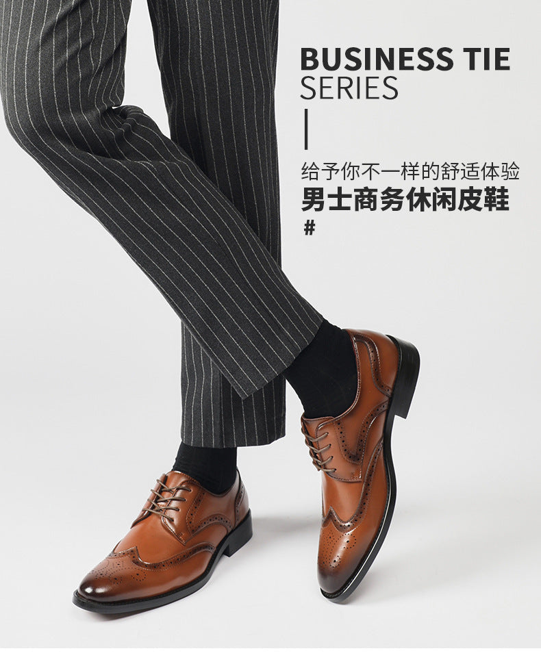 New British Style Height-increasing Laced Brogue Carved Leather Shoes Men's Business Formal Derby Pointed-toe Casual Shoes HK43