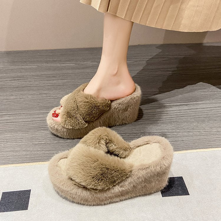 High Heel Wedge Heel Fleece Slippers for Women Outdoor Fur Slippers 2024 New Chanel Style Fluffy Thick Soles Winter Height-increasing  HK30