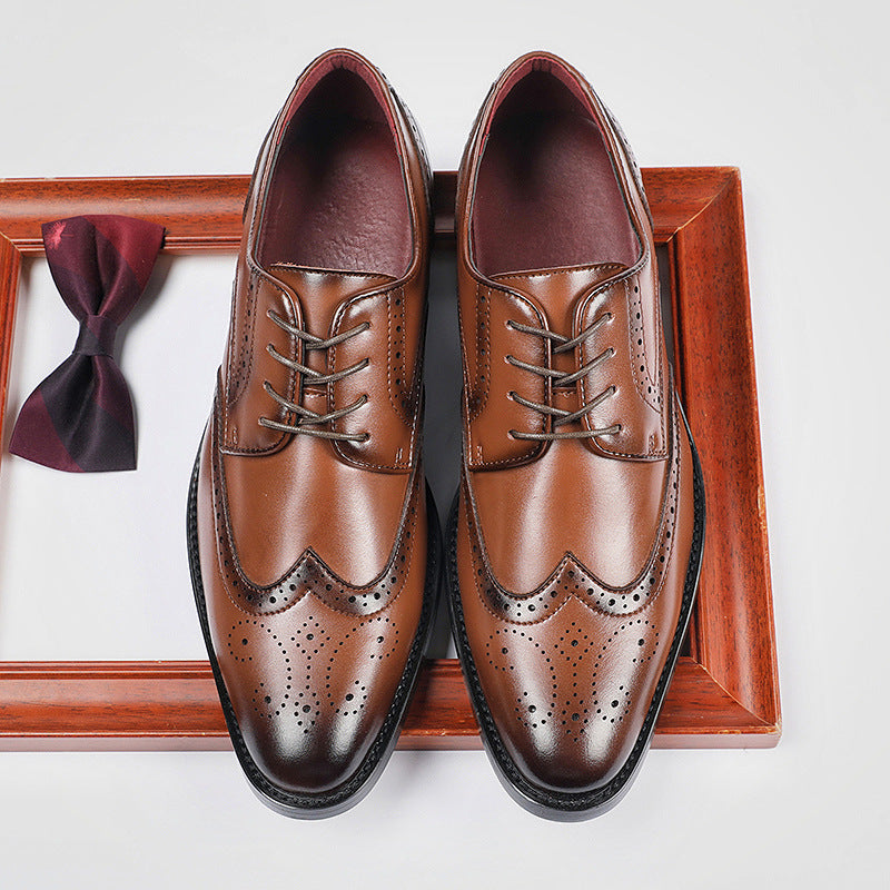 New British Style Height-increasing Laced Brogue Carved Leather Shoes Men's Business Formal Derby Pointed-toe Casual Shoes HK43