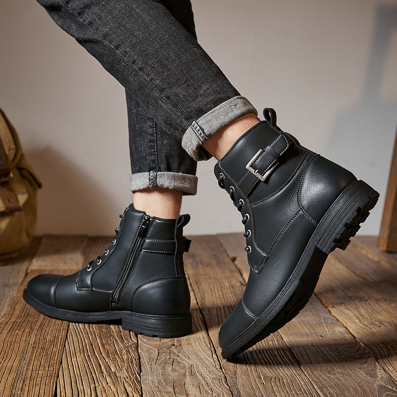2024 New British Style Men's Fall Winter Work Boots Anti-slip Retro Laced High-top Round Toe Leather Boots with Side Zipper HK47