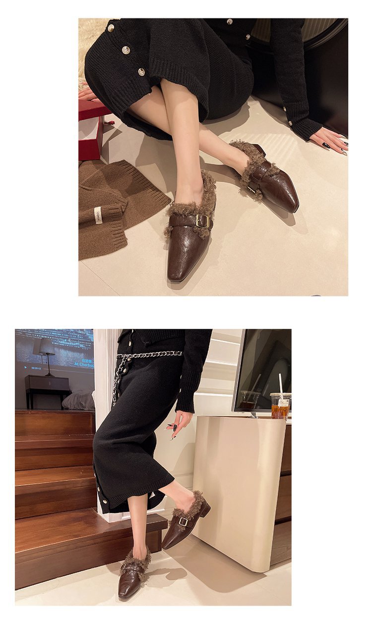 Fleece-lined Warm Square Toe Soft Leather Comfortable Soft Soles Fur Single Shoes Women's 2024 Winter New Versatile HK32