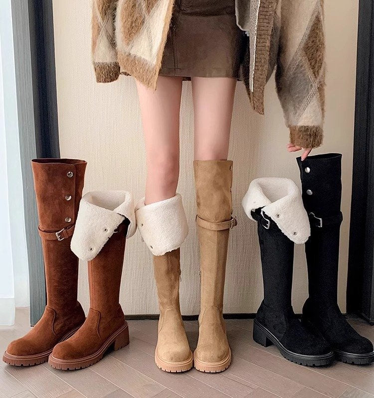 Internet-famous Trendy Women's Over-the-knee 2024 Winter New Lamb Fur Long Tube Boots Slim High Tube Fleece-lined Slim Knight Boots HK34