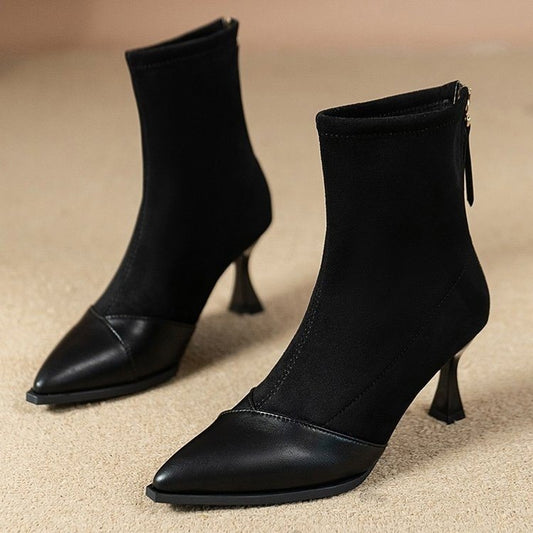 Pointed Toe Stylish Women's 2024 Fall Winter High Heel Slim Boots with Rear Zipper Elastic Good - looking for Various Sizes Elegant  HK39