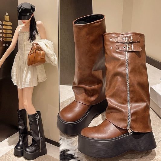 Large Toe Tube Boots for Women Sweet & Cool Style Pile Boots Platform Wedge Western Boots Below Knee Trendy High Tube Knight Boots HK35