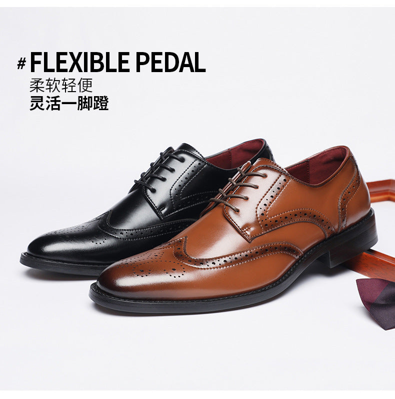 New British Style Height-increasing Laced Brogue Carved Leather Shoes Men's Business Formal Derby Pointed-toe Casual Shoes HK43