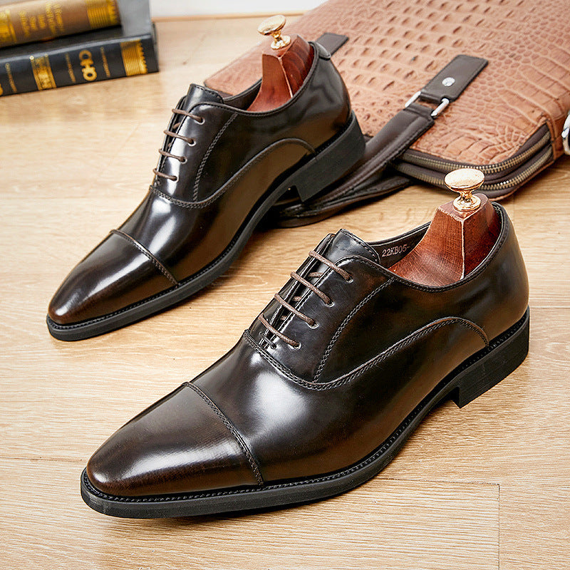 Men's 2024 New Japanese Three-piece Toe Height-increasing Business Shoes Formal Soft Soles Oxford Laced Pointed Toe HK61