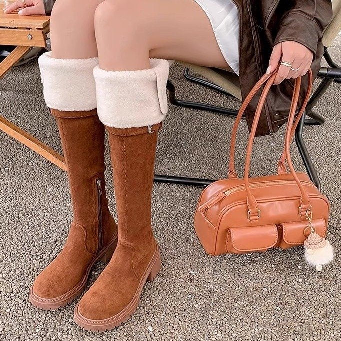 Internet-famous Trendy Women's Over-the-knee 2024 Winter New Lamb Fur Long Tube Boots Slim High Tube Fleece-lined Slim Knight Boots HK34
