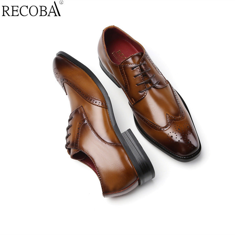 2024 New Carved Brogue British Genuine Leather Business Formal Shoes Men's Laced Derby Pointed Toe Youth HK50