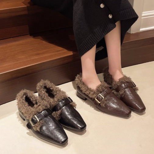 Fleece-lined Warm Square Toe Soft Leather Comfortable Soft Soles Fur Single Shoes Women's 2024 Winter New Versatile HK32