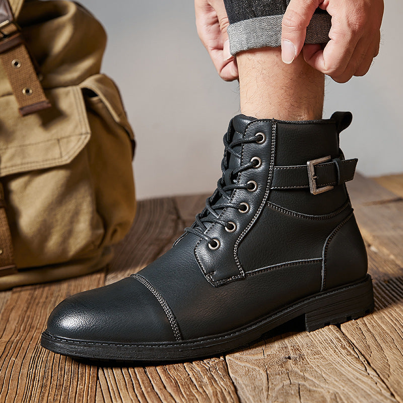 2024 New British Style Men's Fall Winter Work Boots Anti-slip Retro Laced High-top Round Toe Leather Boots with Side Zipper HK47