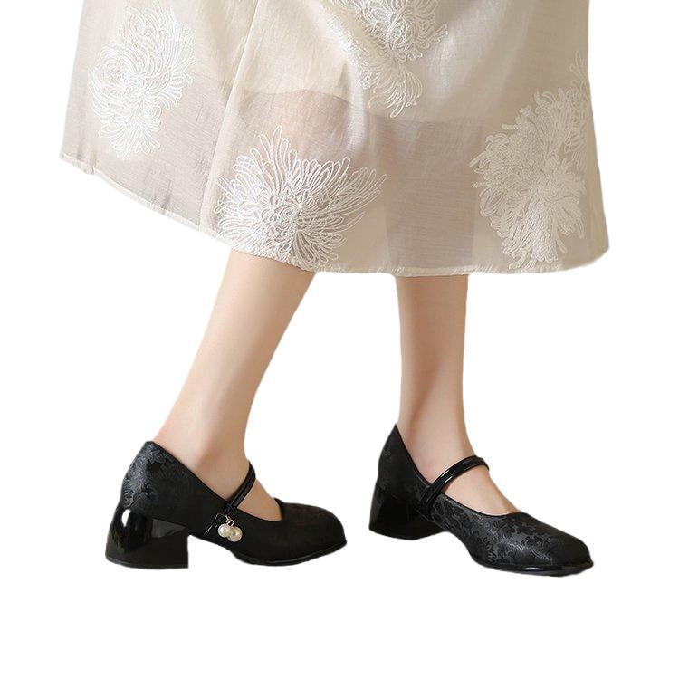 High Heel Single Shoes for Women Medium Chunky Heel Match Cheongsam and Horse-face Skirt Sandals 2024 Summer New Chinese Style Shoes HK31
