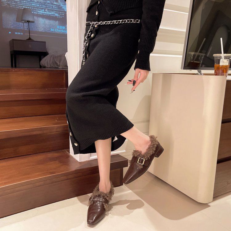 Fleece-lined Warm Square Toe Soft Leather Comfortable Soft Soles Fur Single Shoes Women's 2024 Winter New Versatile HK32