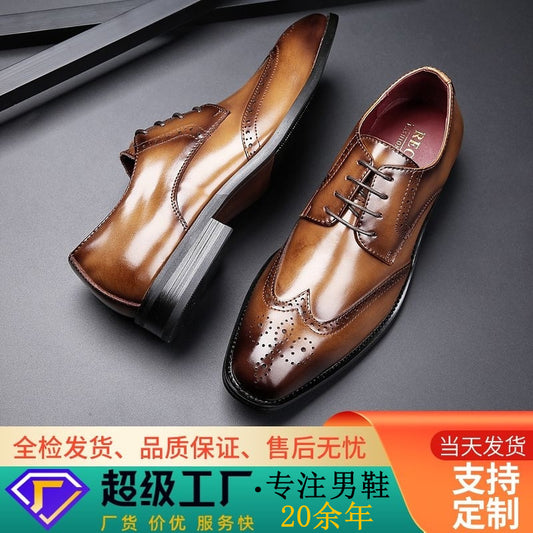 2024 New Carved Brogue British Genuine Leather Business Formal Shoes Men's Laced Derby Pointed Toe Youth HK50