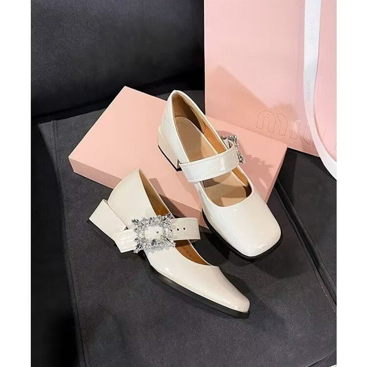 French Retro High Heels for Women 2024 Spring New Match Skirts Mary Janes Versatile Low-cut Rhinestone Small Leather Shoes  HK37