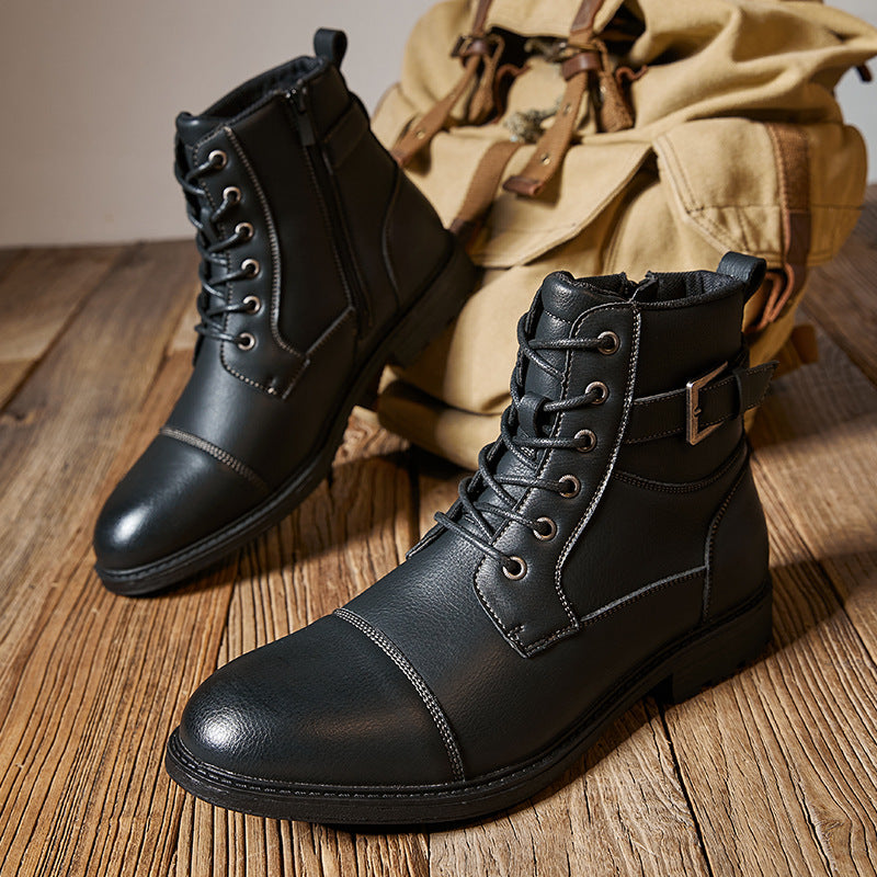 2024 New British Style Men's Fall Winter Work Boots Anti-slip Retro Laced High-top Round Toe Leather Boots with Side Zipper HK47