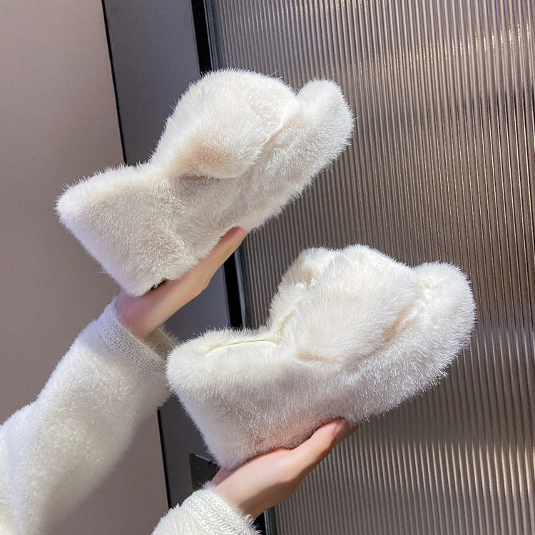 High Heel Wedge Heel Fleece Slippers for Women Outdoor Fur Slippers 2024 New Chanel Style Fluffy Thick Soles Winter Height-increasing  HK30