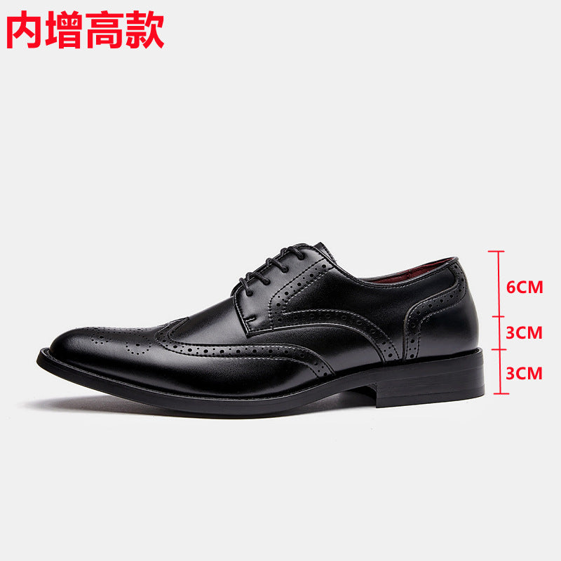 New British Style Height-increasing Laced Brogue Carved Leather Shoes Men's Business Formal Derby Pointed-toe Casual Shoes HK43