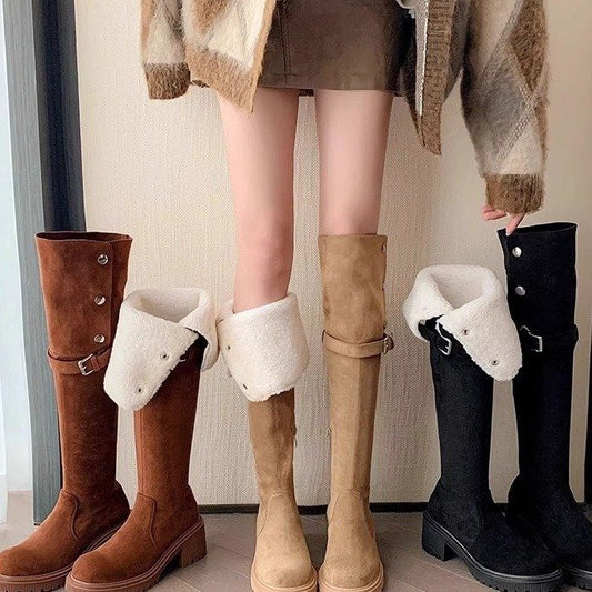Internet-famous Trendy Women's Over-the-knee 2024 Winter New Lamb Fur Long Tube Boots Slim High Tube Fleece-lined Slim Knight Boots HK34