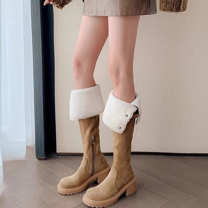Internet-famous Trendy Women's Over-the-knee 2024 Winter New Lamb Fur Long Tube Boots Slim High Tube Fleece-lined Slim Knight Boots HK34