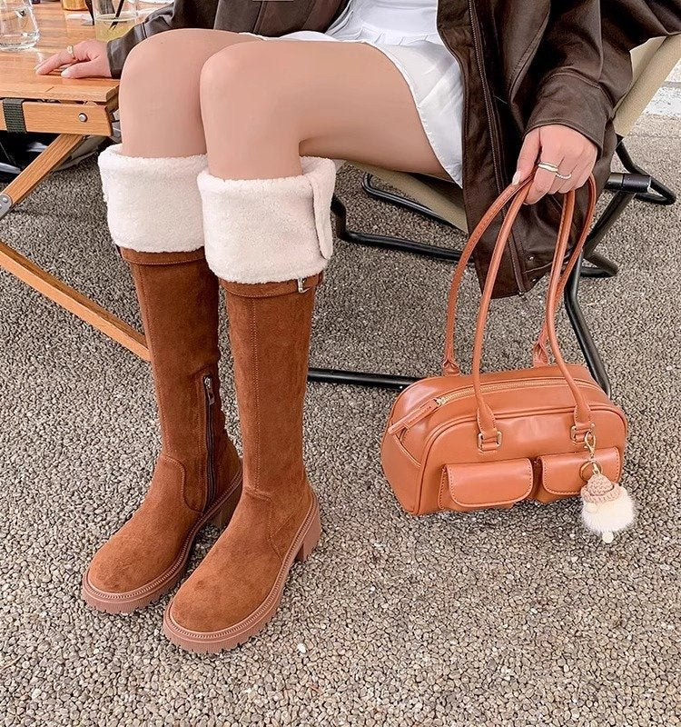 Internet-famous Trendy Women's Over-the-knee 2024 Winter New Lamb Fur Long Tube Boots Slim High Tube Fleece-lined Slim Knight Boots HK34