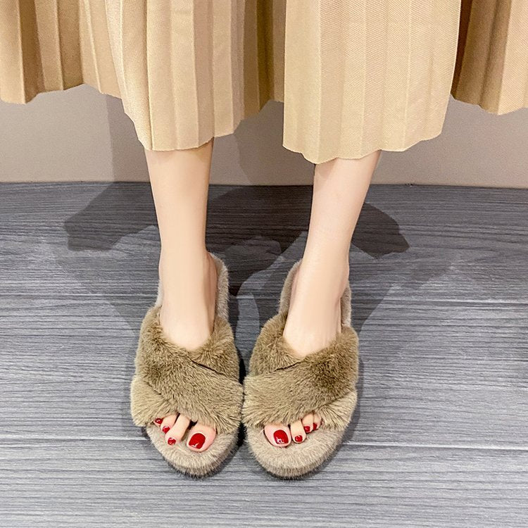 High Heel Wedge Heel Fleece Slippers for Women Outdoor Fur Slippers 2024 New Chanel Style Fluffy Thick Soles Winter Height-increasing  HK30