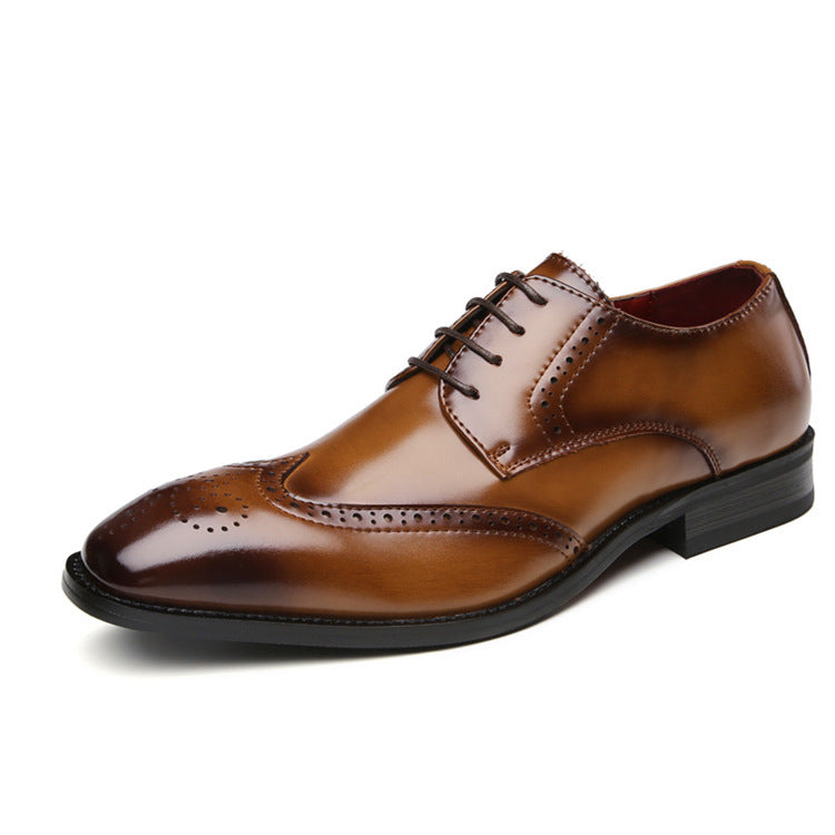 2024 New Carved Brogue British Genuine Leather Business Formal Shoes Men's Laced Derby Pointed Toe Youth HK118