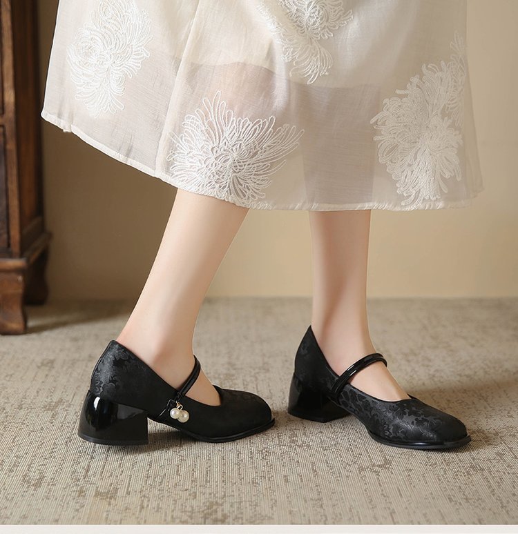 High Heel Single Shoes for Women Medium Chunky Heel Match Cheongsam and Horse-face Skirt Sandals 2024 Summer New Chinese Style Shoes HK31