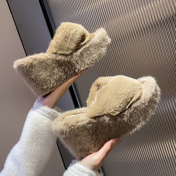 High Heel Wedge Heel Fleece Slippers for Women Outdoor Fur Slippers 2024 New Chanel Style Fluffy Thick Soles Winter Height-increasing  HK30