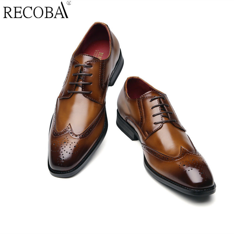 2024 New Carved Brogue British Genuine Leather Business Formal Shoes Men's Laced Derby Pointed Toe Youth HK118