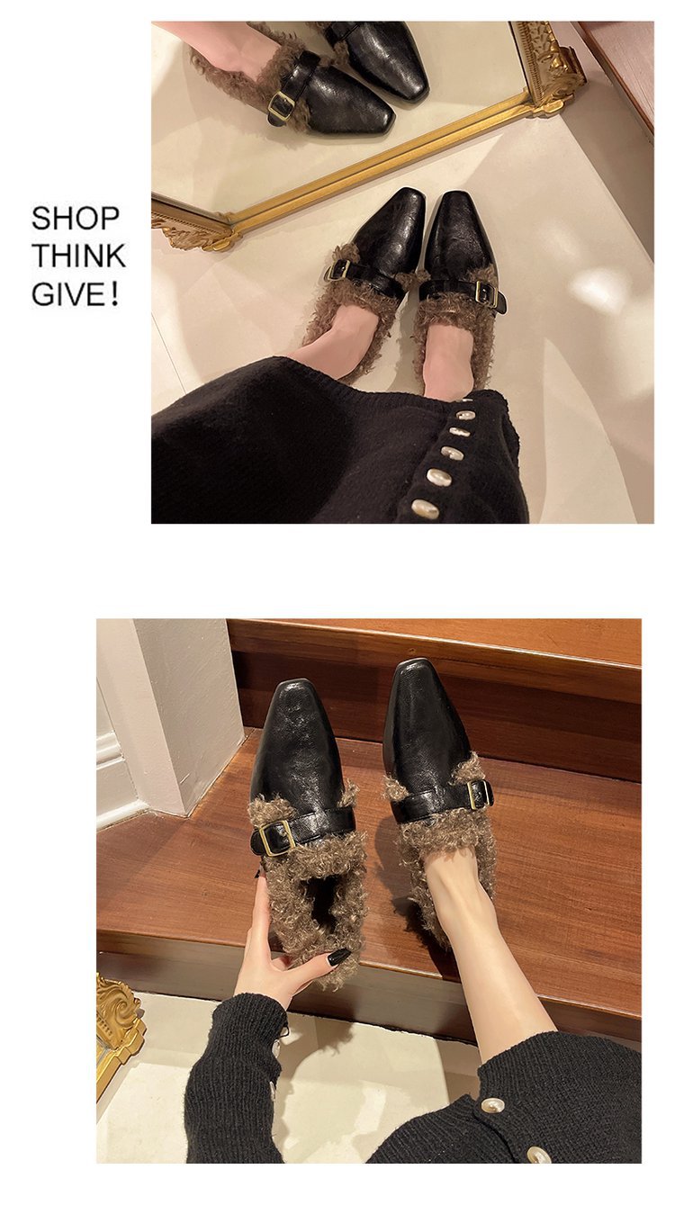 Fleece-lined Warm Square Toe Soft Leather Comfortable Soft Soles Fur Single Shoes Women's 2024 Winter New Versatile HK32