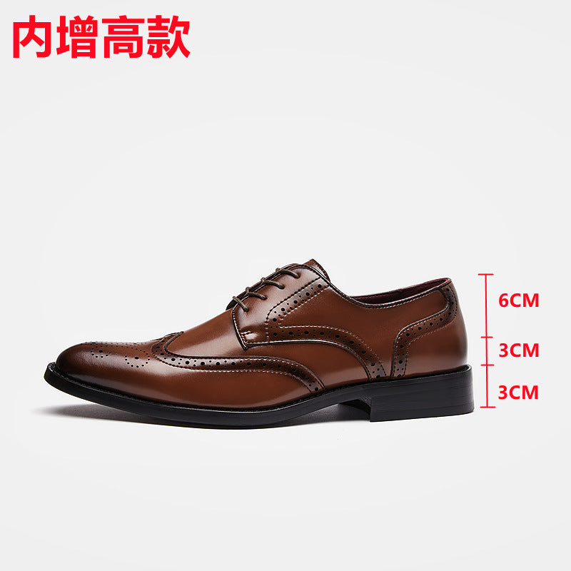 New British Style Height-increasing Laced Brogue Carved Leather Shoes Men's Business Formal Derby Pointed-toe Casual Shoes HK86