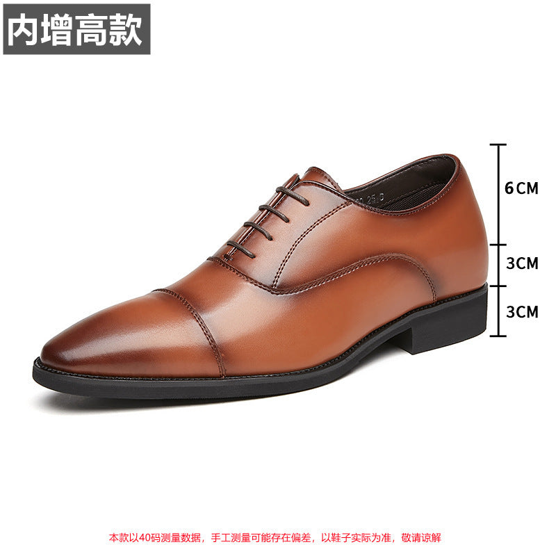Men's 2024 New Japanese Three-piece Toe Height-increasing Business Shoes Formal Soft Soles Oxford Laced Pointed Toe HK89