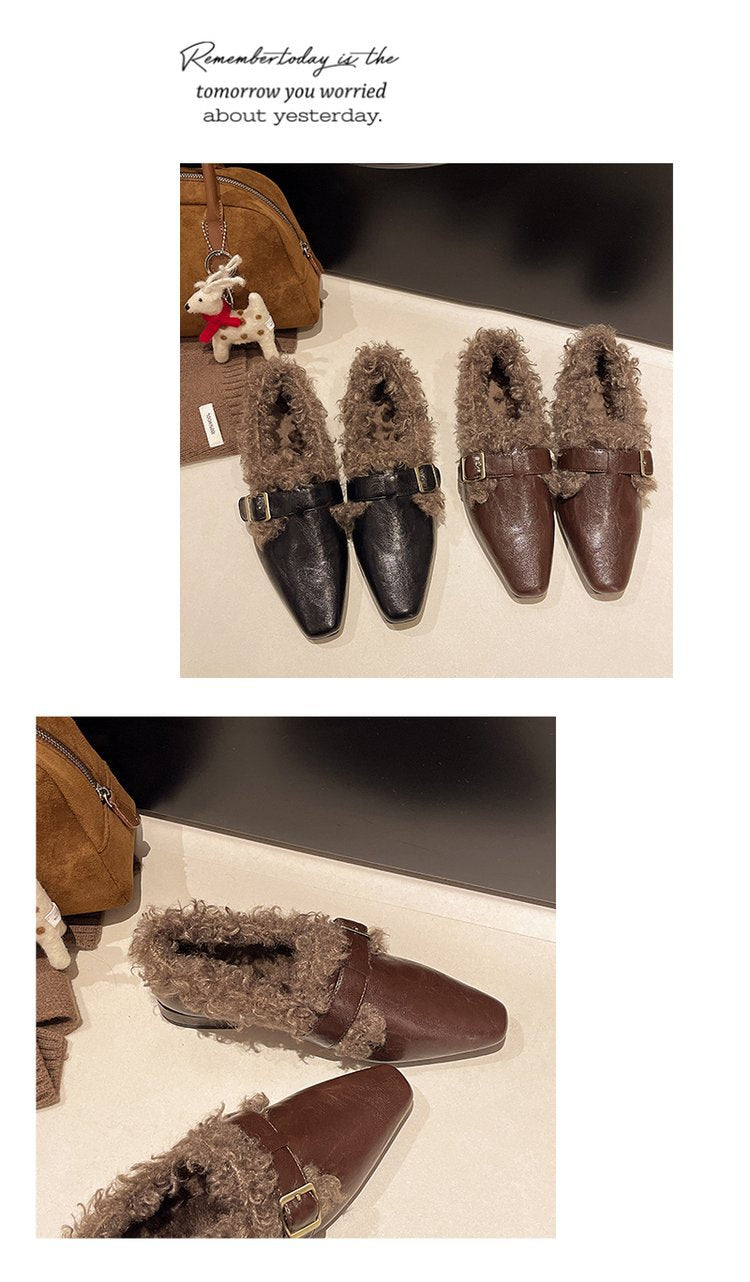 Fleece-lined Warm Square Toe Soft Leather Comfortable Soft Soles Fur Single Shoes Women's 2024 Winter New Versatile HK32