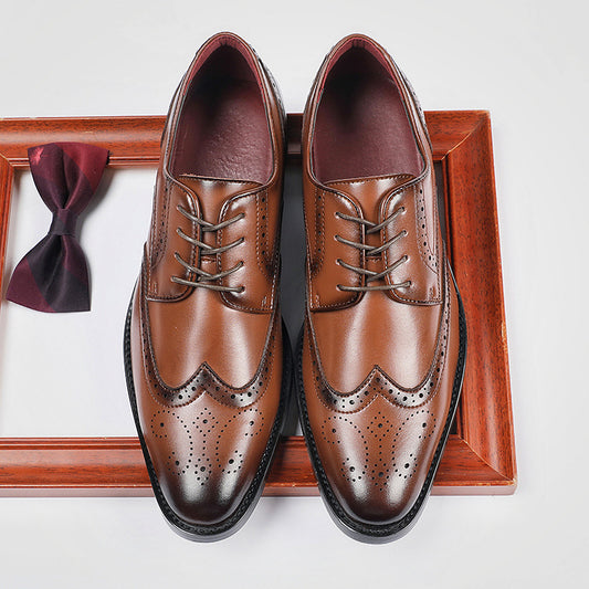 New British Style Height-increasing Laced Brogue Leather Shoes Men's Business Formal Derby Pointed-toe Casual HK44