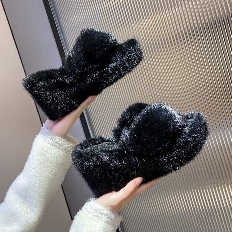 High Heel Wedge Heel Fleece Slippers for Women Outdoor Fur Slippers 2024 New Chanel Style Fluffy Thick Soles Winter Height-increasing  HK30