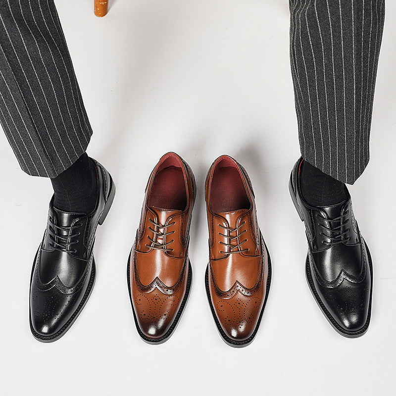 New British Style Height-increasing Laced Brogue Carved Leather Shoes Men's Business Formal Derby Pointed-toe Casual Shoes HK86