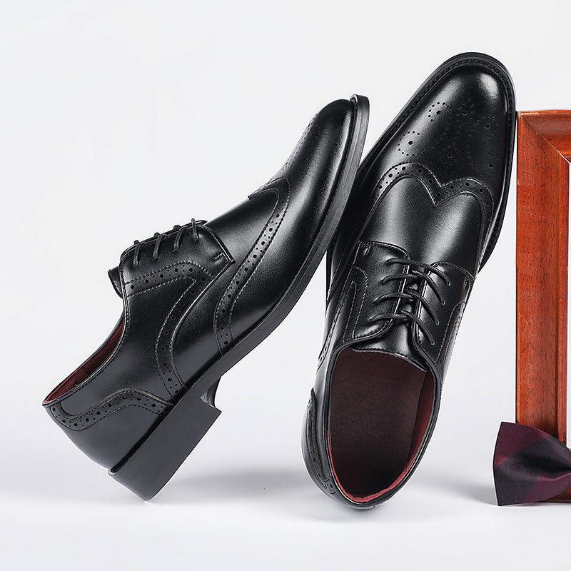 New British Style Height-increasing Laced Brogue Carved Leather Shoes Men's Business Formal Derby Pointed-toe Casual Shoes HK43