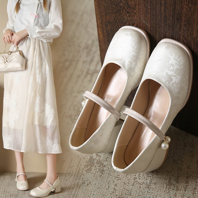 High Heel Single Shoes for Women Medium Chunky Heel Match Cheongsam and Horse-face Skirt Sandals 2024 Summer New Chinese Style Shoes HK31