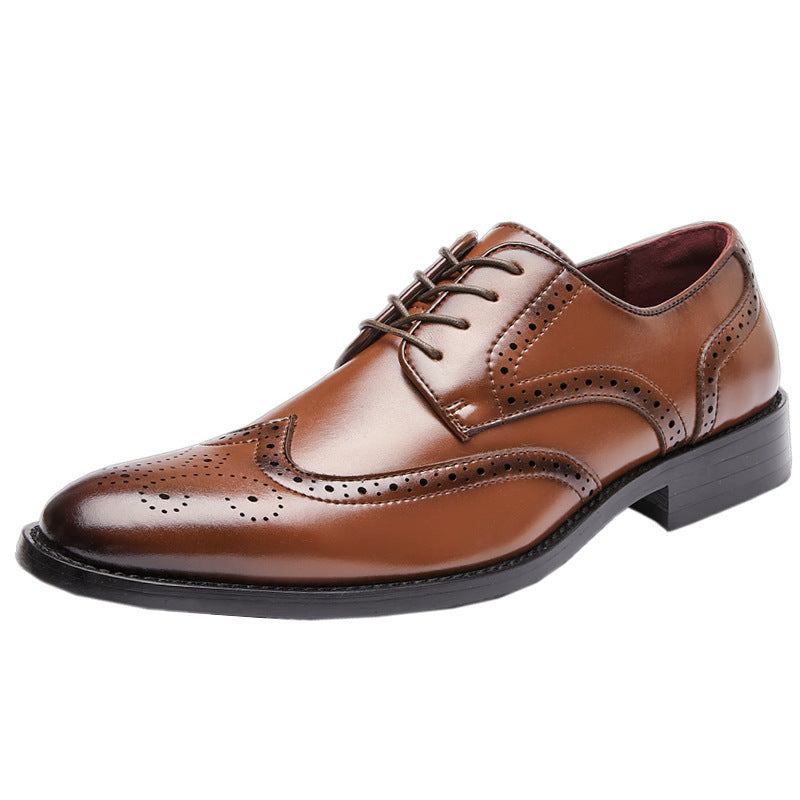 New British Style Height-increasing Laced Brogue Carved Leather Shoes Men's Business Formal Derby Pointed-toe Casual Shoes HK43