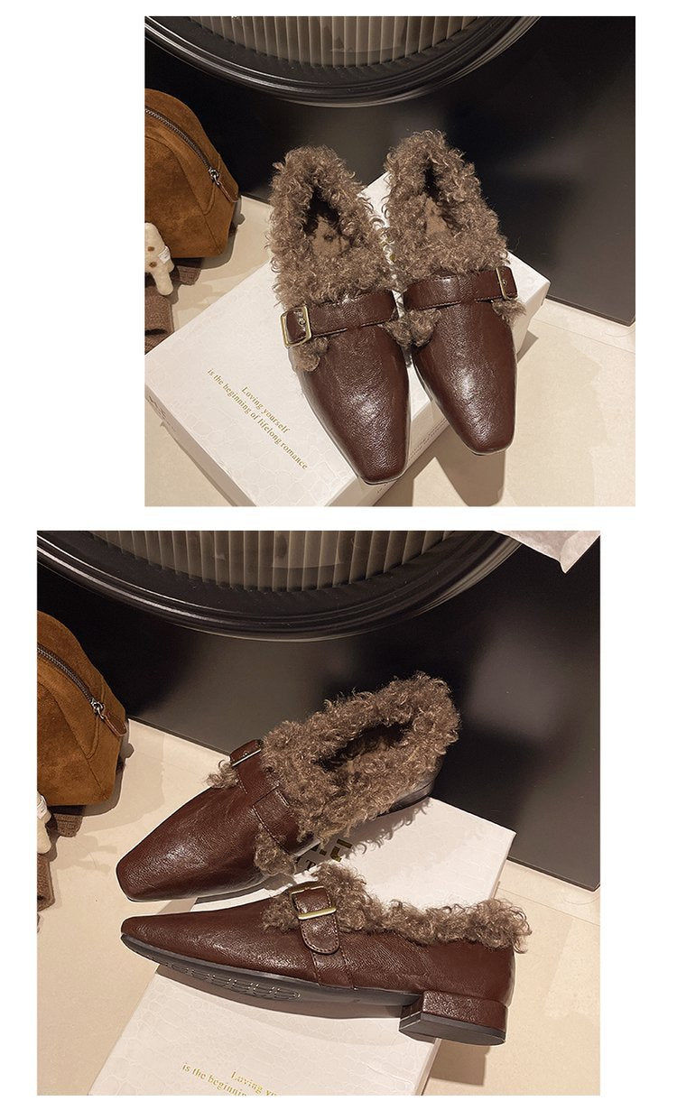 Fleece-lined Warm Square Toe Soft Leather Comfortable Soft Soles Fur Single Shoes Women's 2024 Winter New Versatile HK32